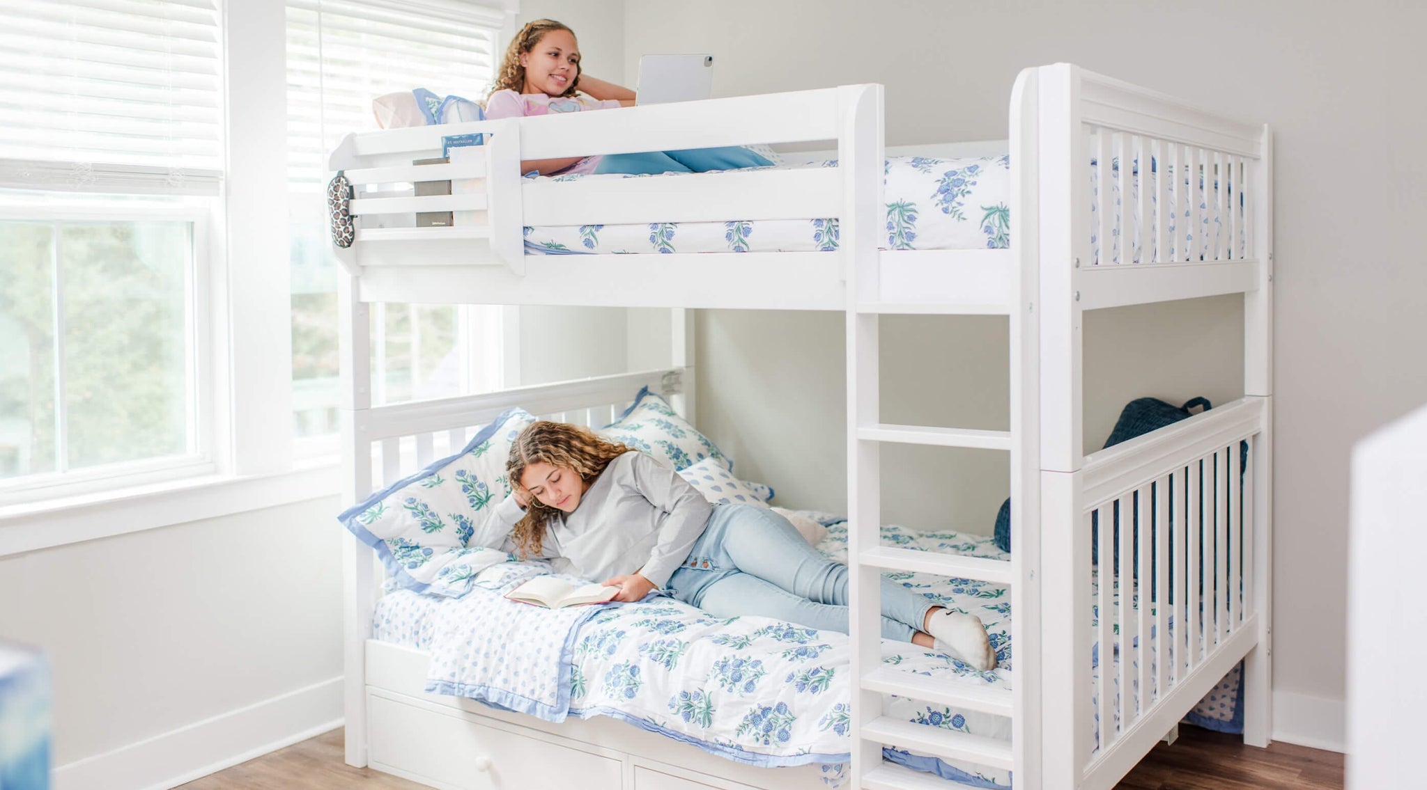 2 Sisters in White Queen Bunk Bed in Sunny Room