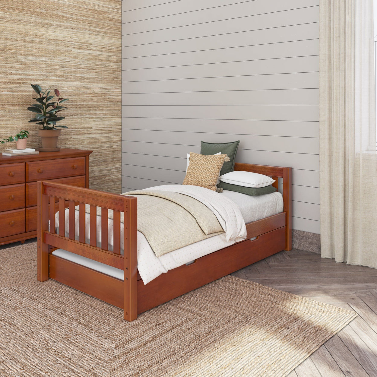 1000 TR CS : Kids Beds Twin Basic Bed with Trundle - Low, Slat, Chestnut