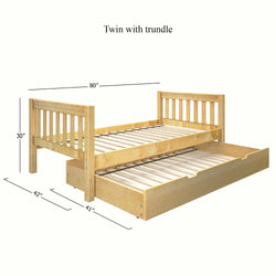 1000 TR NS : Kids Beds Twin Basic Bed with Trundle- Low, Slat, Natural