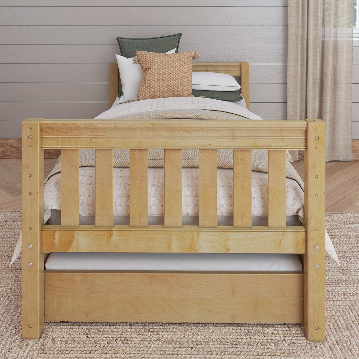 1000 TR NS : Kids Beds Twin Basic Bed with Trundle- Low, Slat, Natural