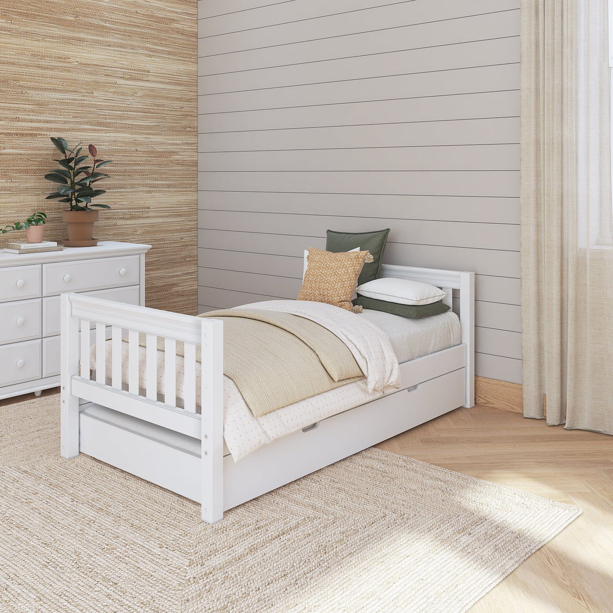 1000 TR WS : Kids Beds Twin Basic Bed with Trundle - Low, Slat, White