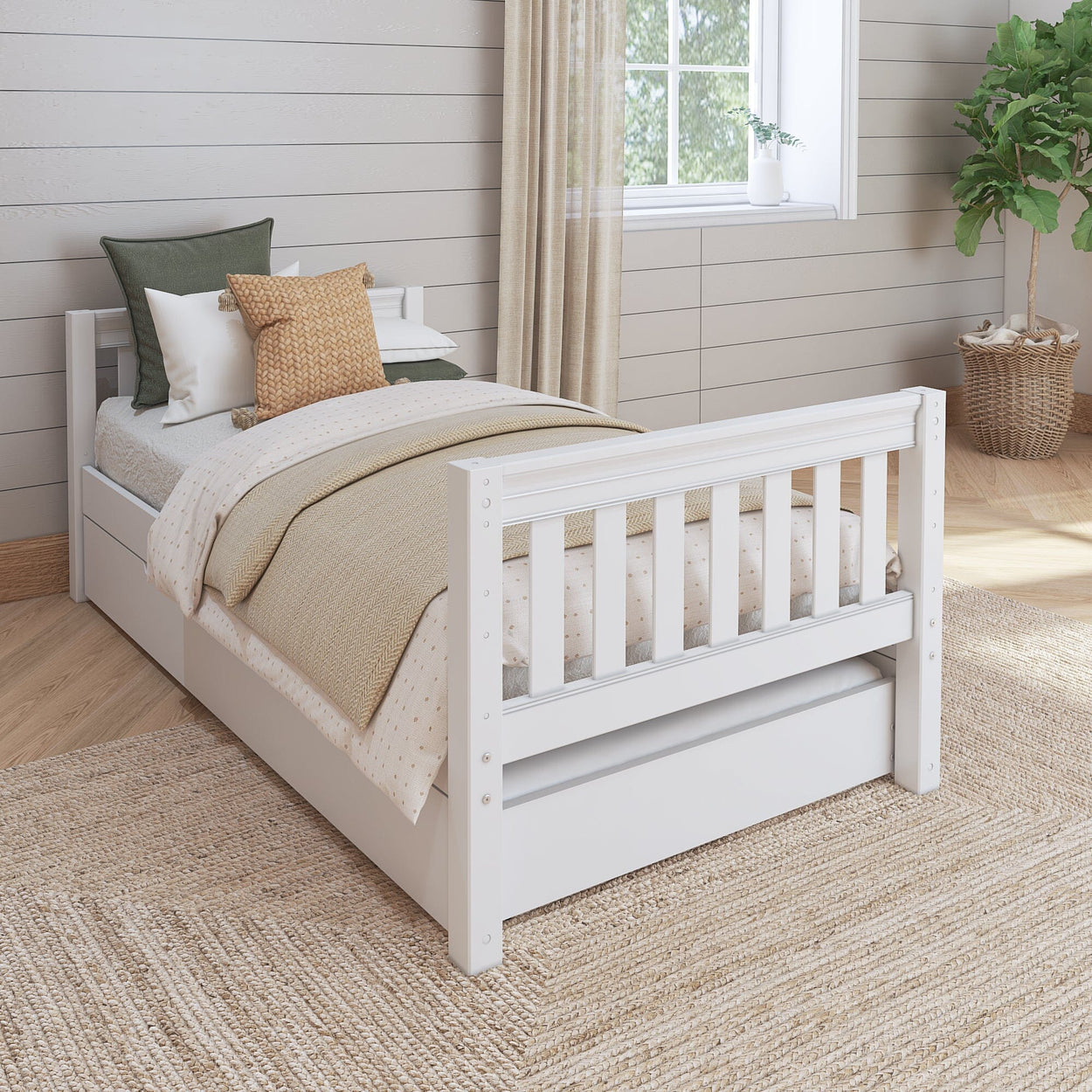 1000 TR WS : Kids Beds Twin Basic Bed with Trundle - Low, Slat, White