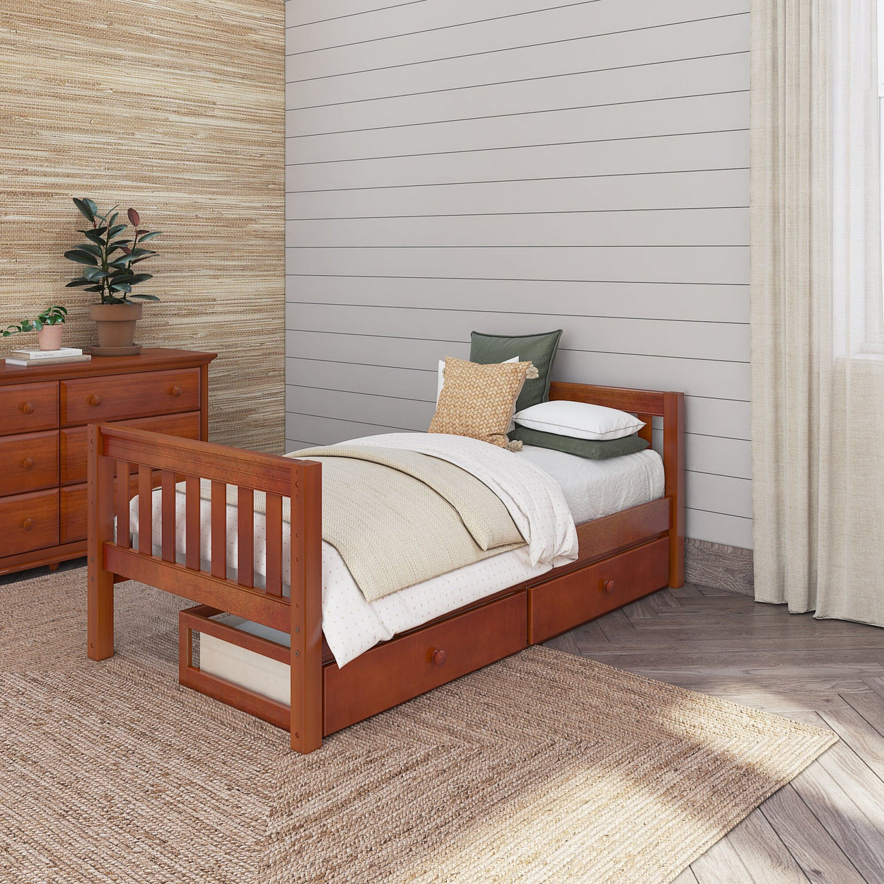 1000 UU CS : Kids Beds Twin Basic Bed with Underbed Dresser - Low, Slat, Chestnut