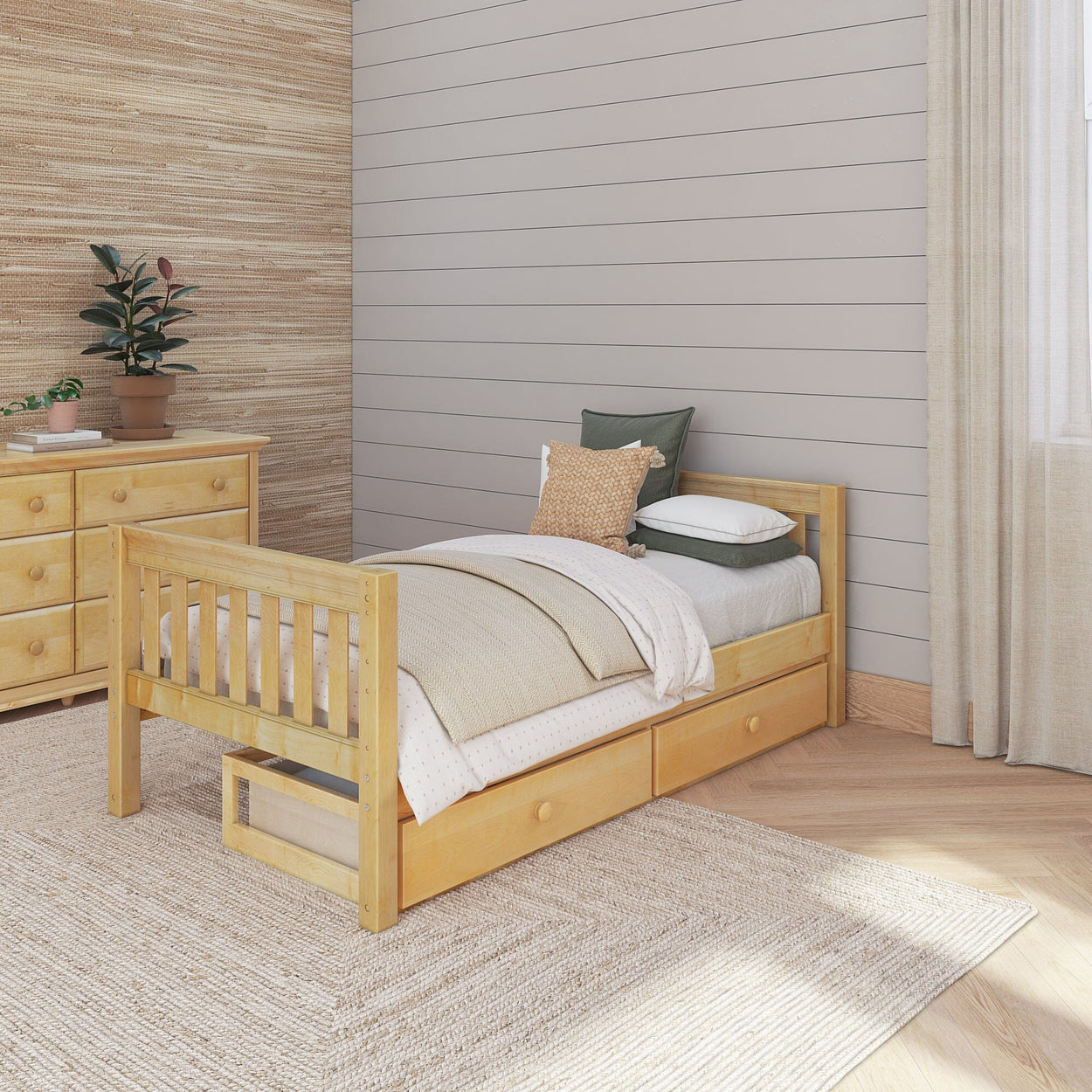 1000 UU NS : Kids Beds Twin Basic Bed with Underbed Dresser - Low, Slat, Natural