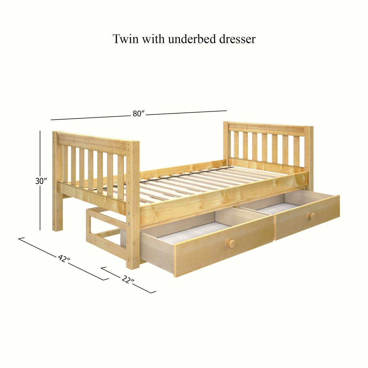 1000 UU NS : Kids Beds Twin Basic Bed with Underbed Dresser - Low, Slat, Natural