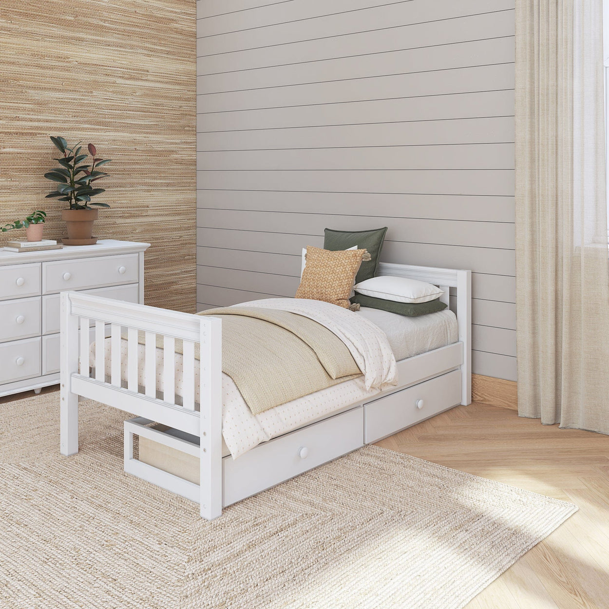 1000 UU WS : Kids Beds Twin Basic Bed with Underbed Dresser - Low, Slat, White