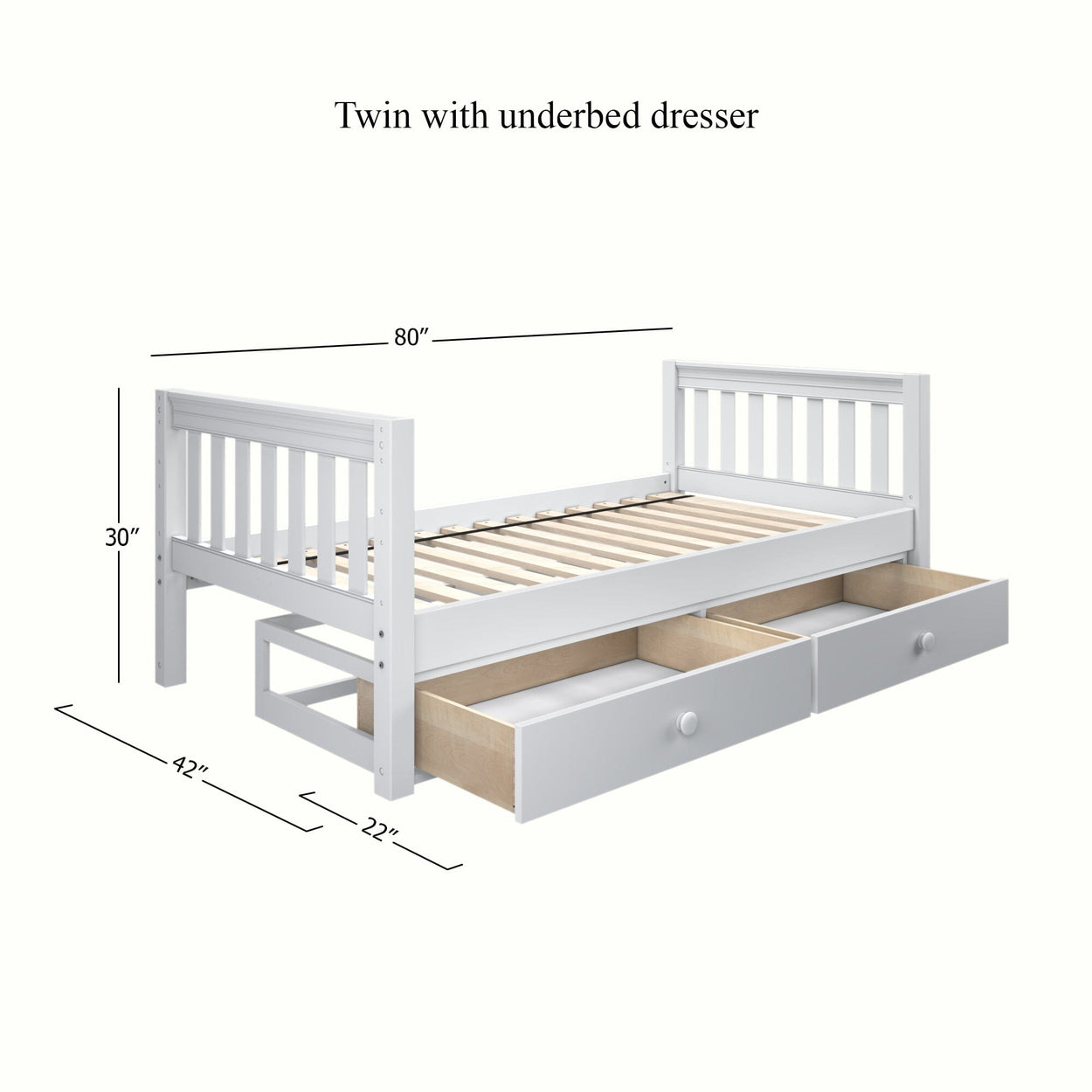 1000 UU WS : Kids Beds Twin Basic Bed with Underbed Dresser - Low, Slat, White