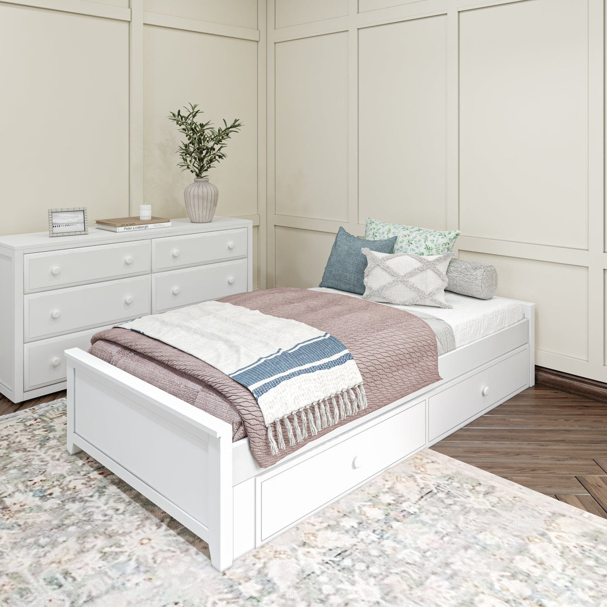 1075 XL UU W : Starter Bed Twin XL Platform Bed with Underbed Dresser, White