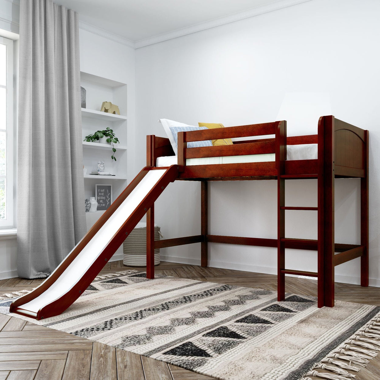 AWESOME XL CP : Play Loft Beds Twin XL Mid Loft Bed with Slide and Straight Ladder on Front, Panel, Chestnut