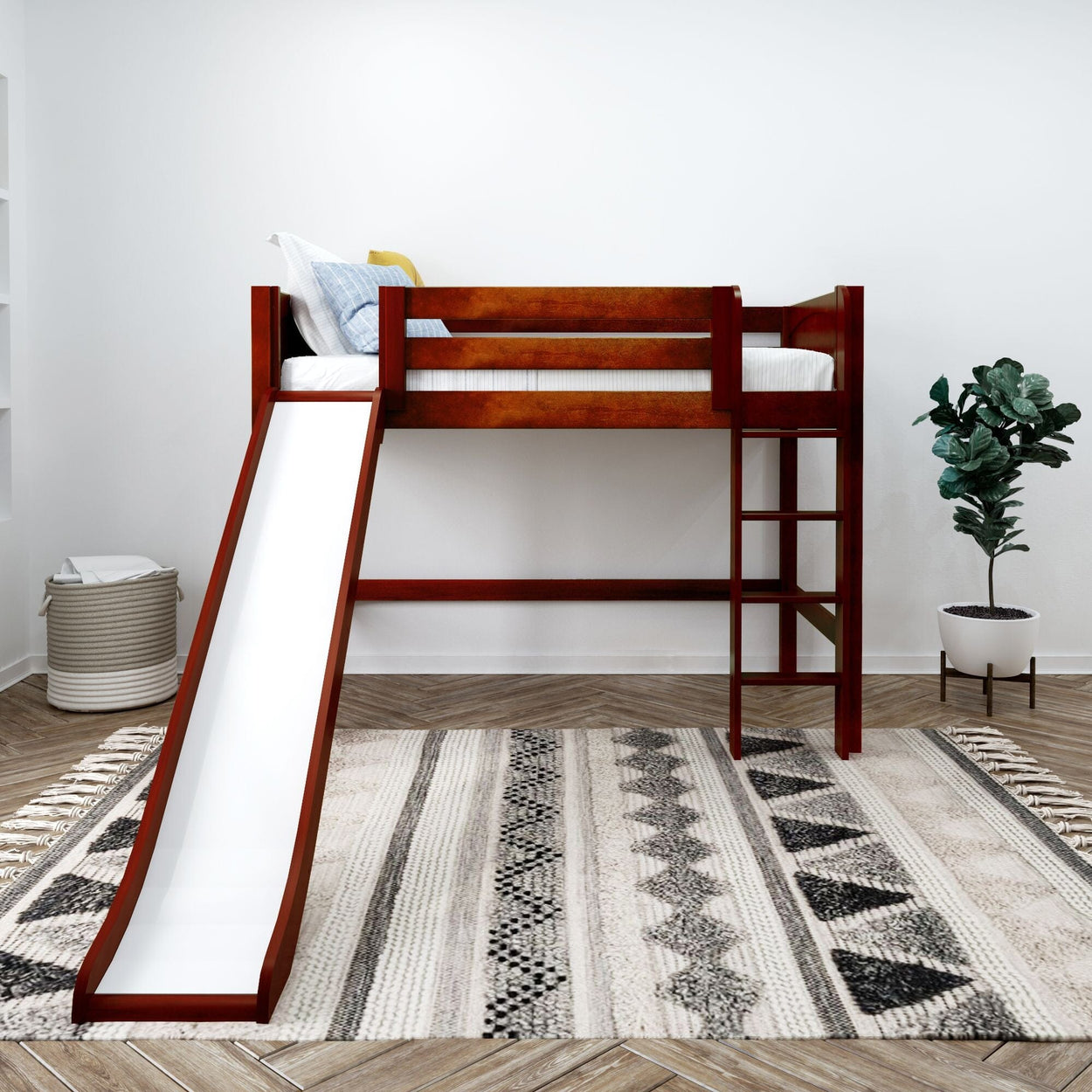 AWESOME XL CP : Play Loft Beds Twin XL Mid Loft Bed with Slide and Straight Ladder on Front, Panel, Chestnut