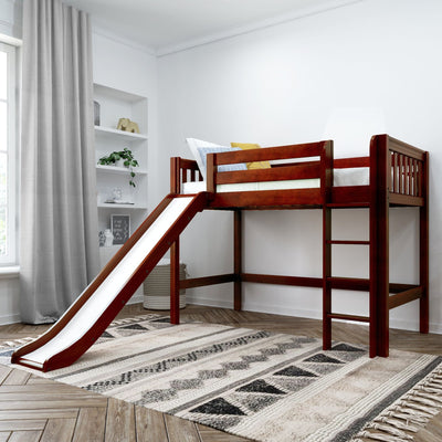 AWESOME XL CS : Loft Bed Twin XL Mid Loft Bed with Slide and Straight Ladder on Front, Slat, Chestnut