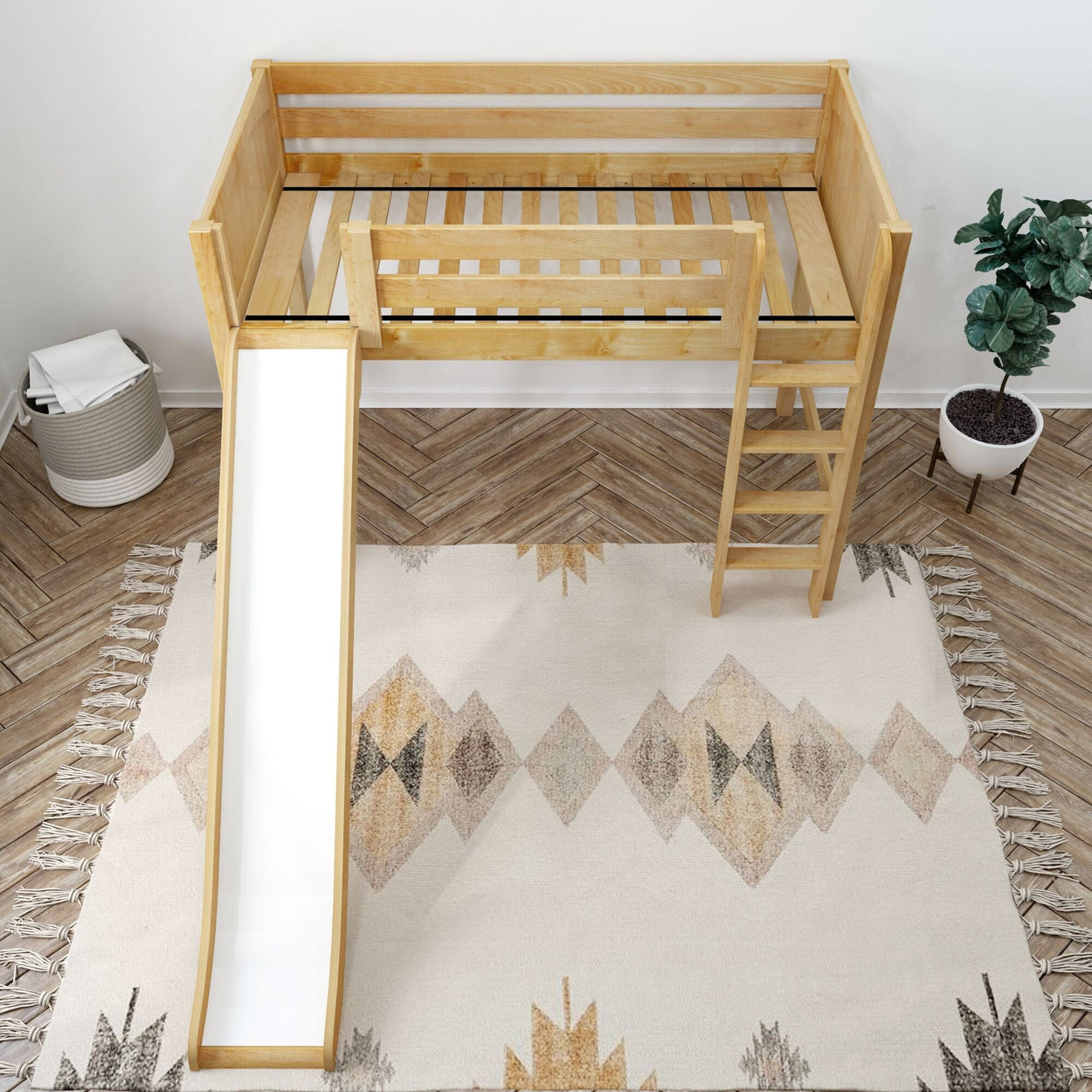 AWESOME XL NP : Play Loft Beds Twin XL Mid Loft Bed with Slide and Straight Ladder on Front, Panel, Natural