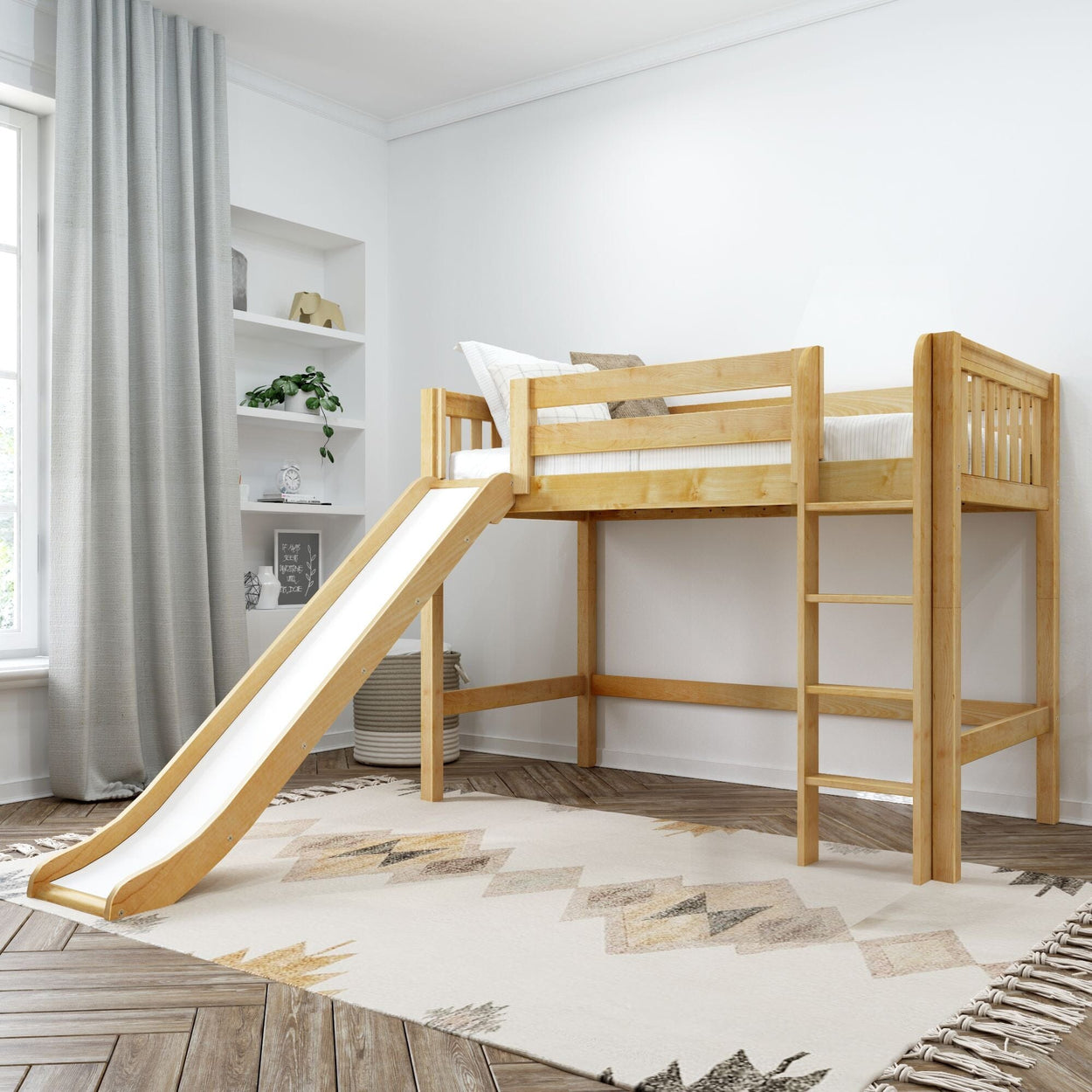 AWESOME XL NS : Play Loft Beds Twin XL Mid Loft Bed with Slide and Straight Ladder on Front, Slat, Natural