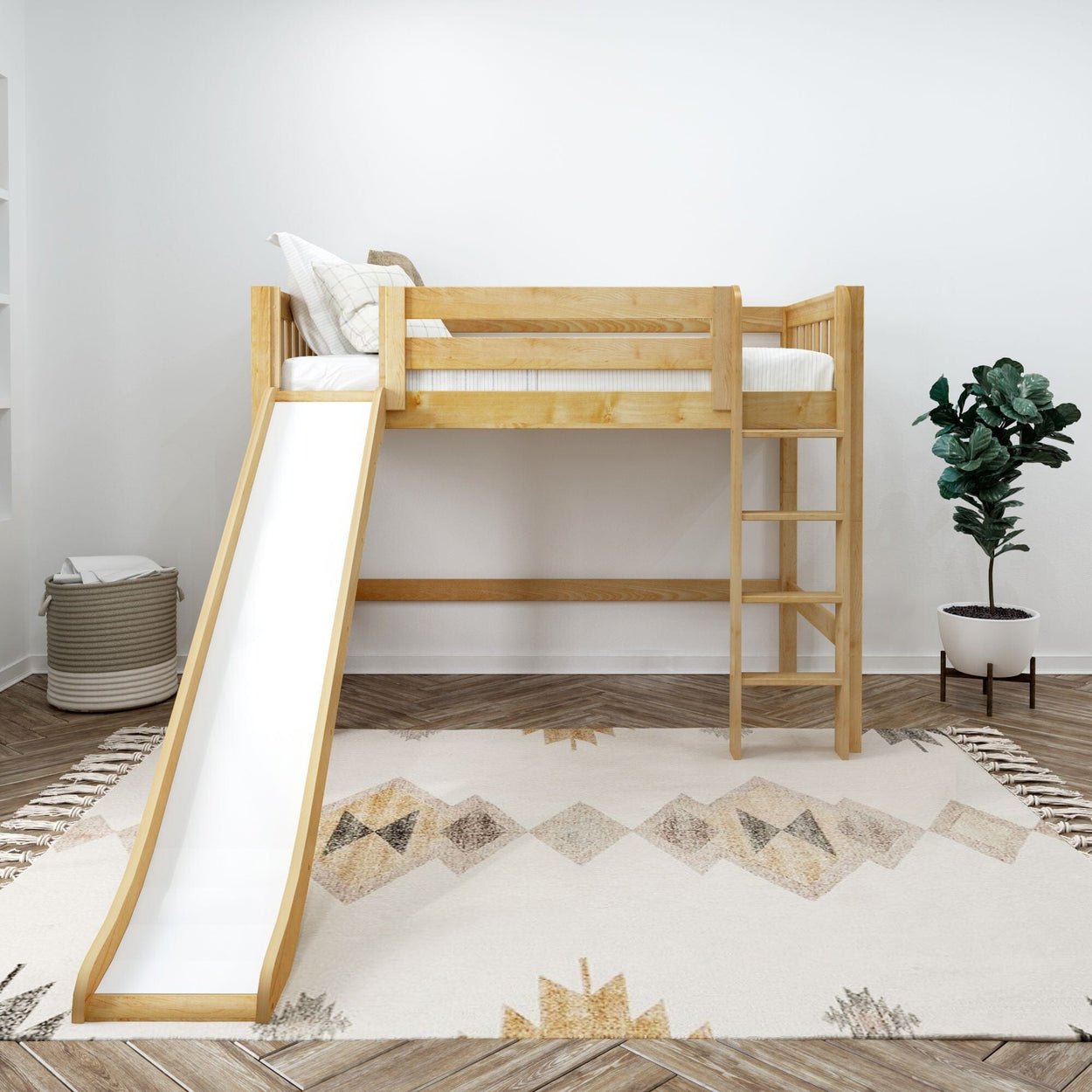 AWESOME XL NS : Play Loft Beds Twin XL Mid Loft Bed with Slide and Straight Ladder on Front, Slat, Natural