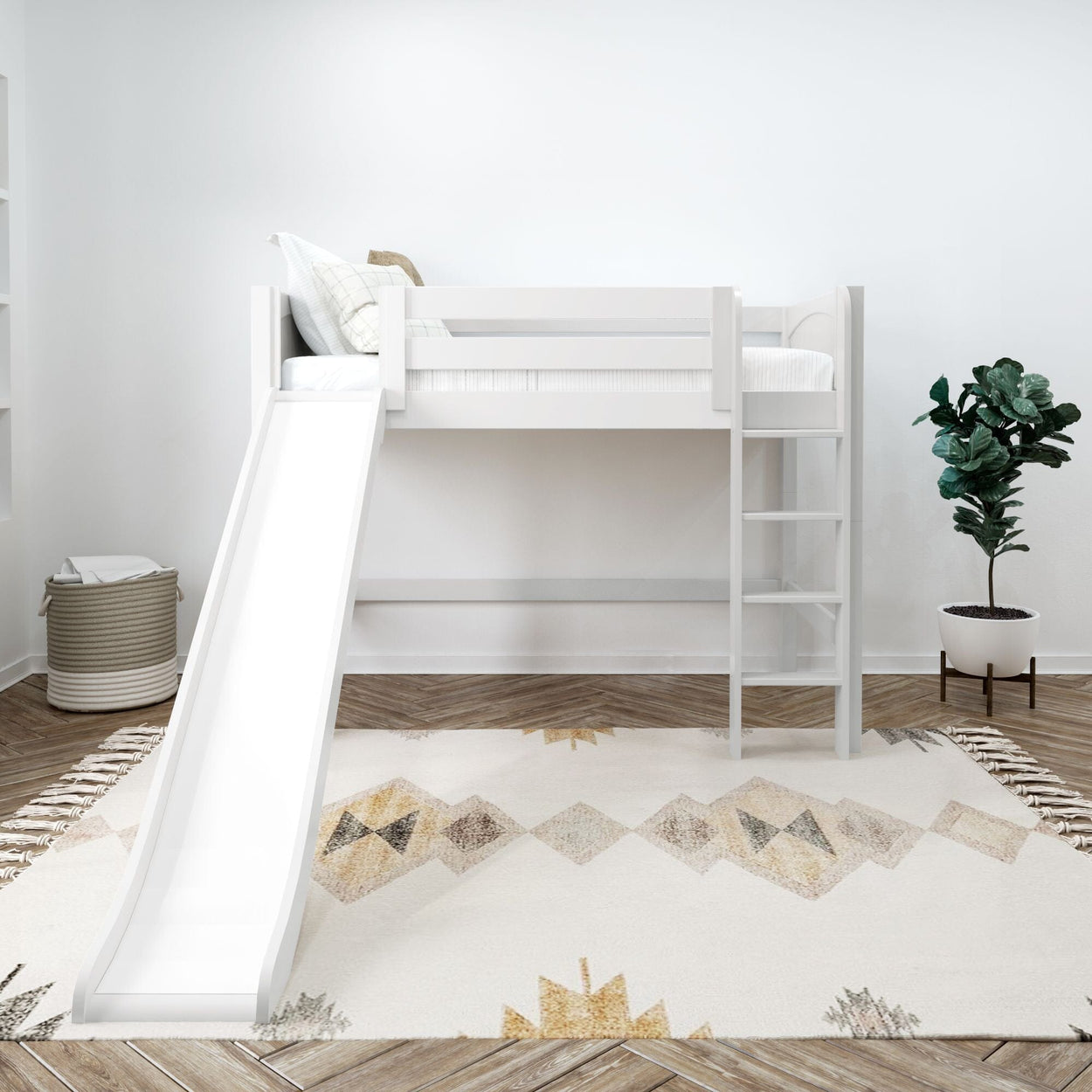 AWESOME XL WP : Play Loft Beds Twin XL Mid Loft Bed with Slide and Straight Ladder on Front, Panel, White