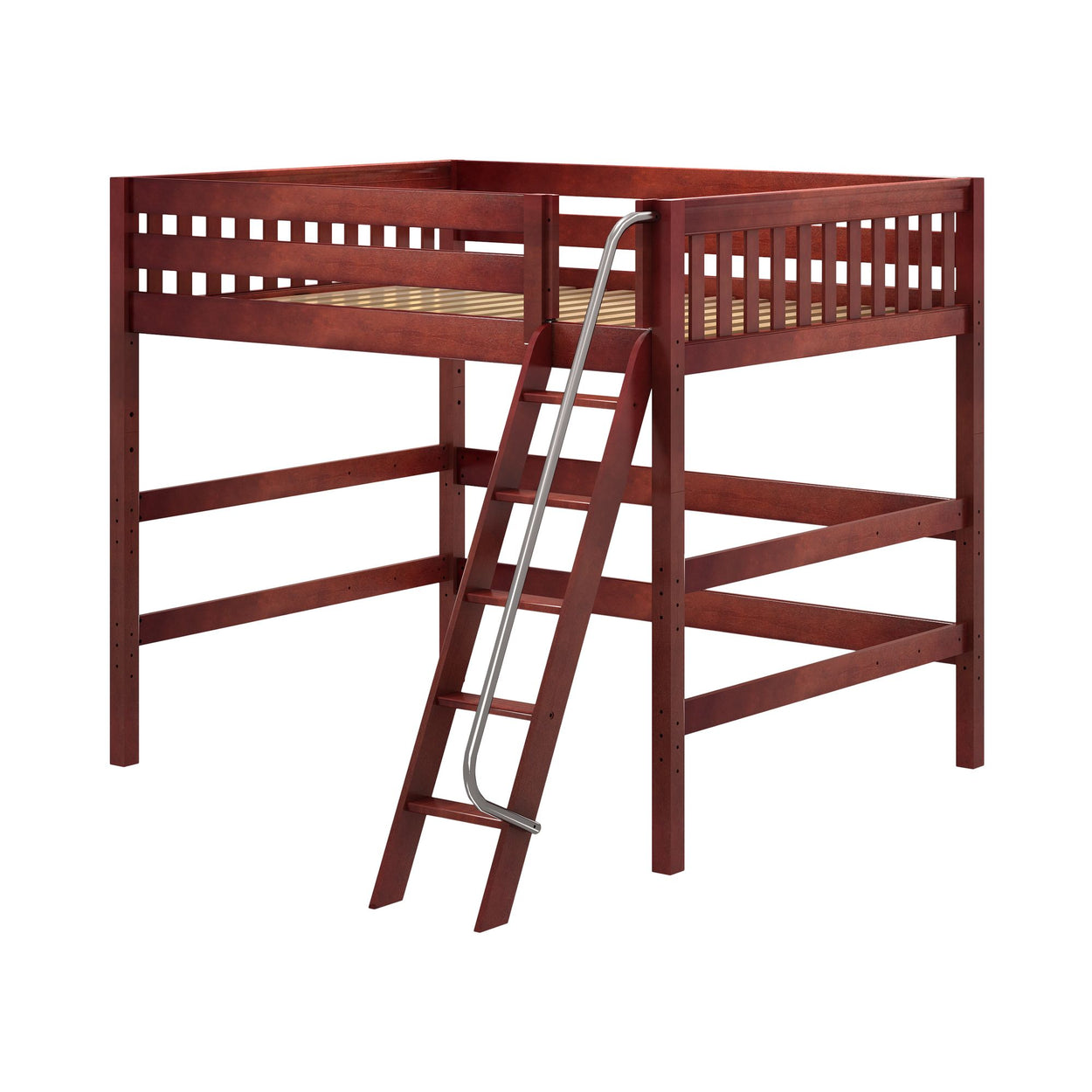 BEEFY XL CS : Loft Bed Queen High Loft Bed with Angled Ladder on Front, Slat, Chestnut