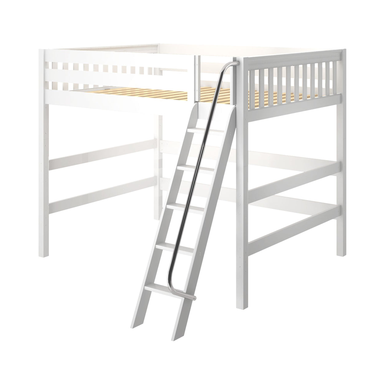 BEEFY XL WS : Loft Bed Queen High Loft Bed with Angled Ladder on Front, Slat, White