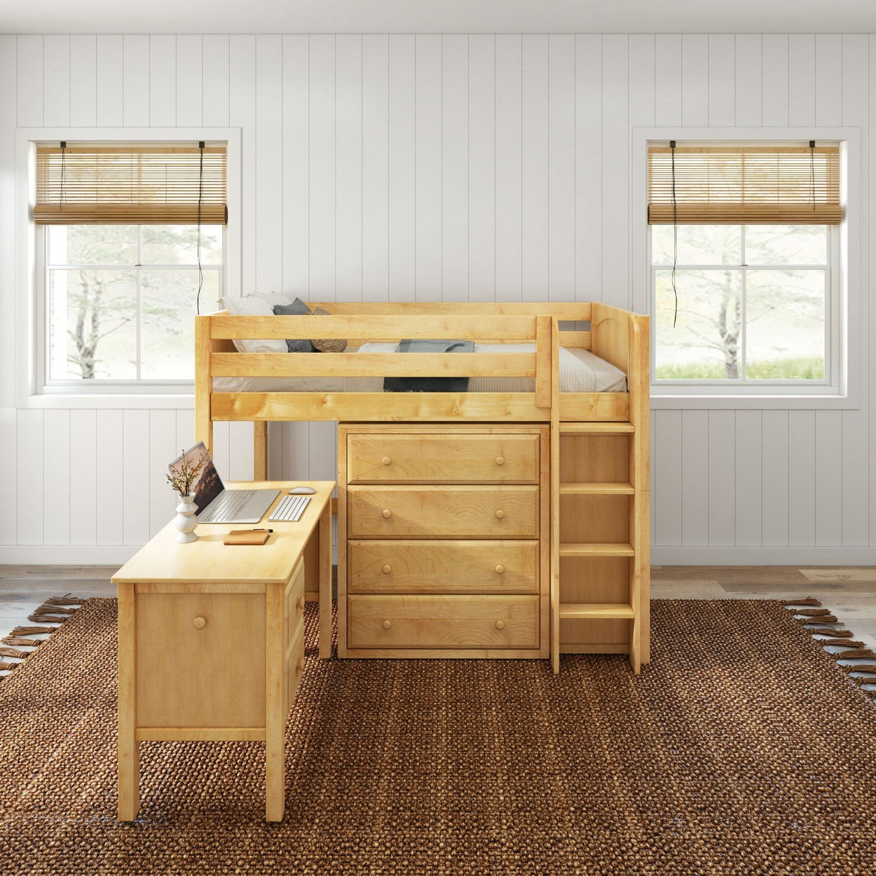 BLING21 NP : Storage & Study Loft Beds Twin Mid Loft Bed with Straight Ladder, Storage + Desk, Panel, Natural