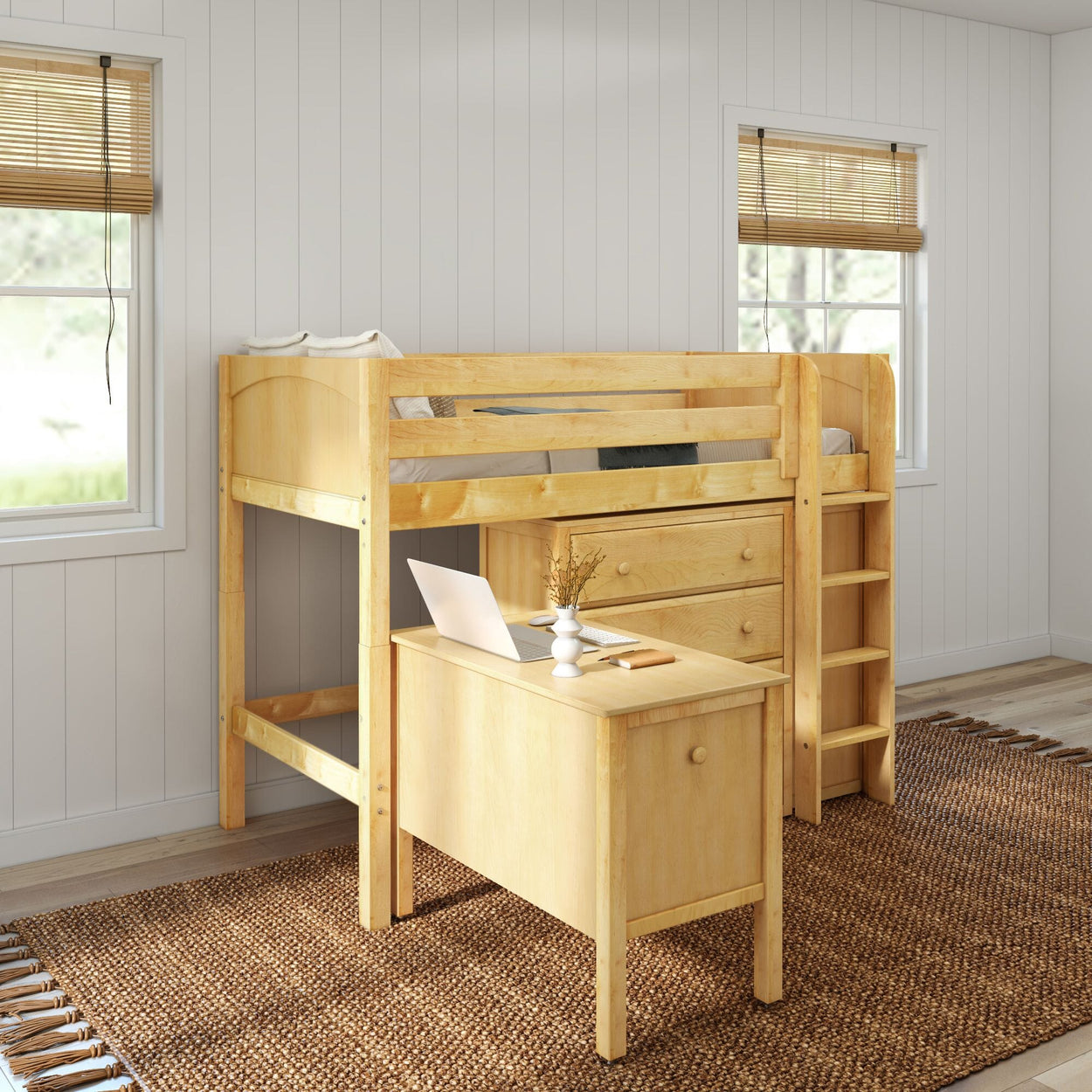 BLING21 NP : Study Loft Beds Twin Mid Loft Bed with Straight Ladder, Storage + Desk, Panel, Natural