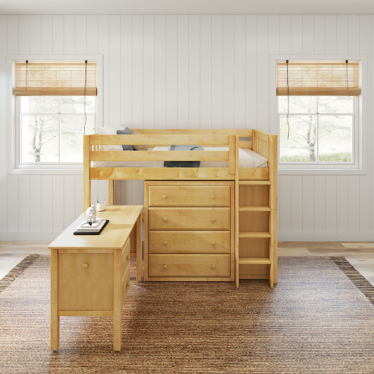 BLING21 NS : Study Loft Beds Twin Mid Loft Bed with Straight Ladder, Storage + Desk, Slat, Natural