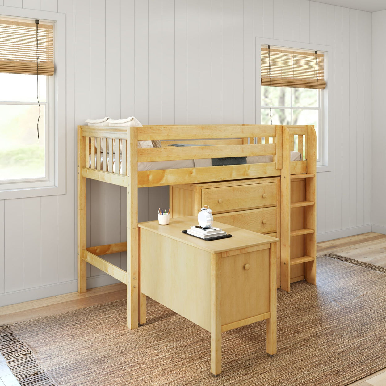 BLING21 NS : Study Loft Beds Twin Mid Loft Bed with Straight Ladder, Storage + Desk, Slat, Natural