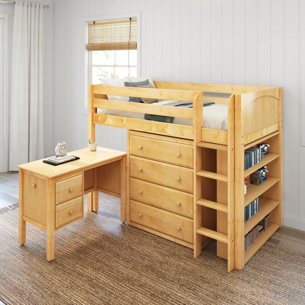 BLING23 NP : Study Loft Beds Twin Mid Loft Bed with Straight Ladder, Storage + Desk, Panel, Natural