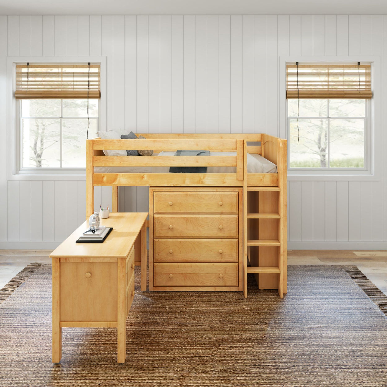 BLING23 NP : Storage & Study Loft Beds Twin Mid Loft Bed with Straight Ladder, Storage + Desk, Panel, Natural