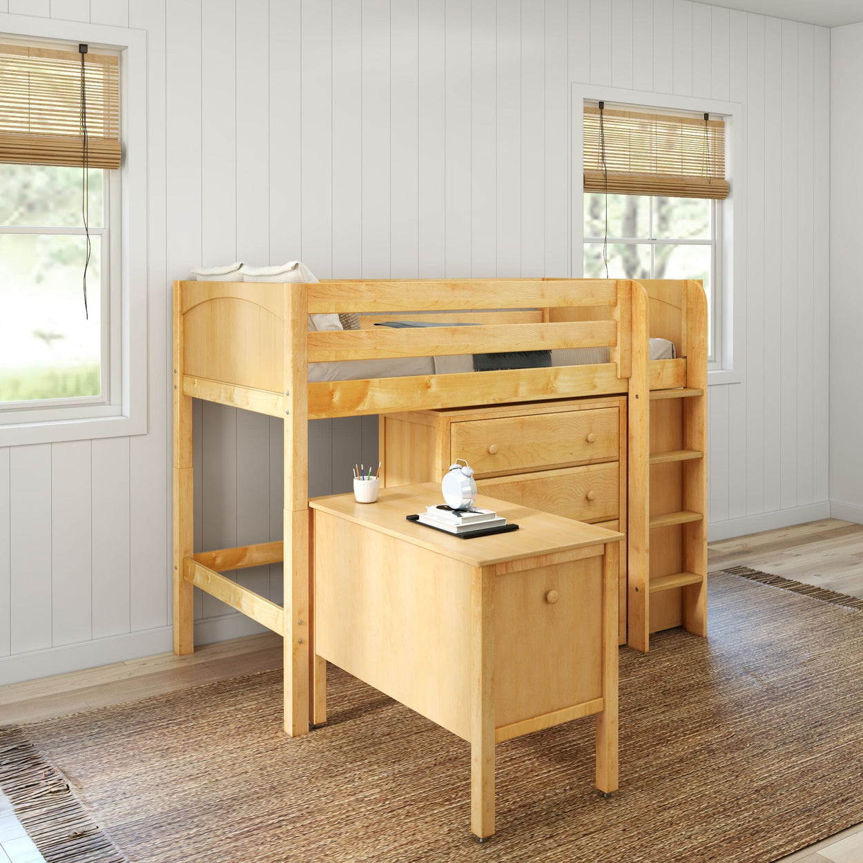 BLING23 NP : Storage & Study Loft Beds Twin Mid Loft Bed with Straight Ladder, Storage + Desk, Panel, Natural