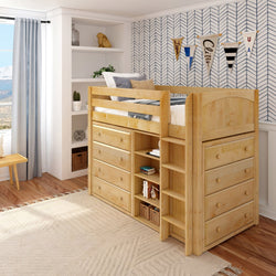 BLING6 NP : Storage & Study Loft Beds Twin Mid Loft w/straight ladder, 2x 4 drawer dresser, 22.5" Mid Bookcase, Panel, Natural