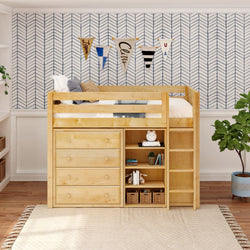 BLING6 NP : Study Loft Beds Twin Mid Loft w/straight ladder, 2x 4 drawer dresser, 22.5" Mid Bookcase, Panel, Natural