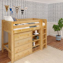 BLING6 NP : Storage & Study Loft Beds Twin Mid Loft w/straight ladder, 2x 4 drawer dresser, 22.5" Mid Bookcase, Panel, Natural