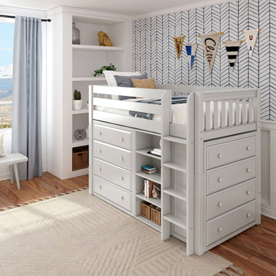 BLING6 WS : Study Loft Beds Twin Mid Loft w/straight ladder, 2x 4 drawer dresser, 22.5" Mid Bookcase, Slat, White