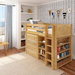 BLING7 NP : Study Loft Beds Twin Mid Loft w/Straight ladder, 4 drawer dresser, 22.5" Mid Bookcase, 37.5" Mid Bookcase, Panel, Natural