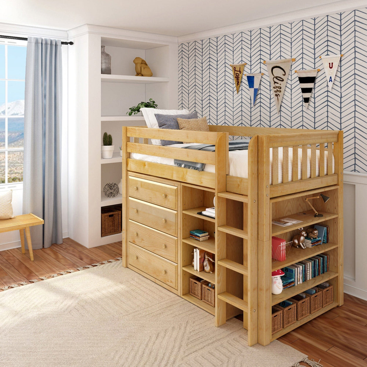 BLING7 NS : Storage & Study Loft Beds Twin Mid Loft w/Straight ladder, 4 drawer dresser, 22.5" Mid Bookcase, 37.5" Mid Bookcase, Slat, Natural