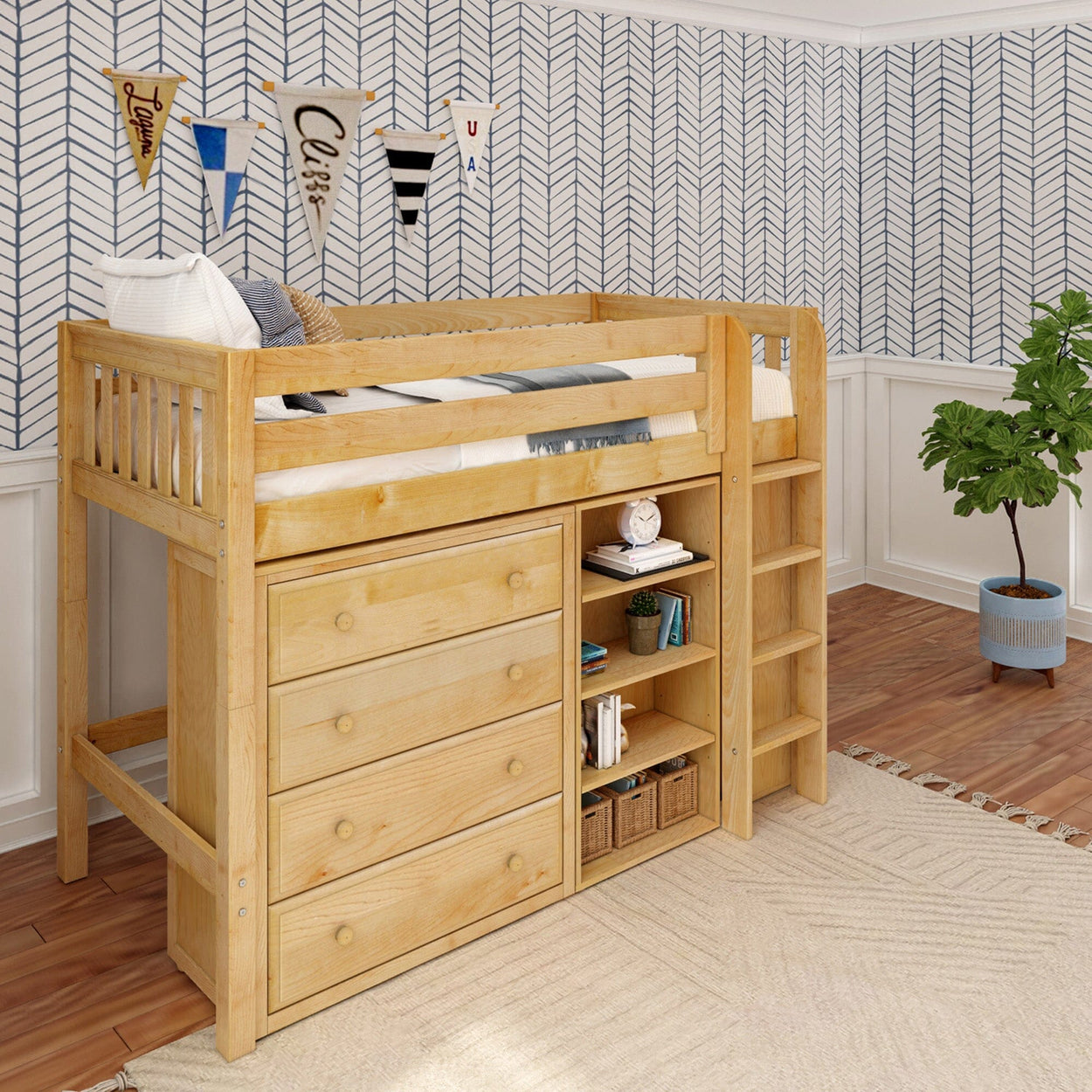 BLING7 NS : Study Loft Beds Twin Mid Loft w/Straight ladder, 4 drawer dresser, 22.5" Mid Bookcase, 37.5" Mid Bookcase, Slat, Natural