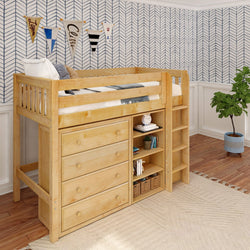 BLING7 NS : Storage & Study Loft Beds Twin Mid Loft w/Straight ladder, 4 drawer dresser, 22.5" Mid Bookcase, 37.5" Mid Bookcase, Slat, Natural