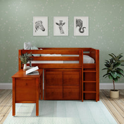 BOX22 CP : Study Loft Beds Twin Low Loft Bed with Straight Ladder, Storage + Desk, Panel, Chestnut