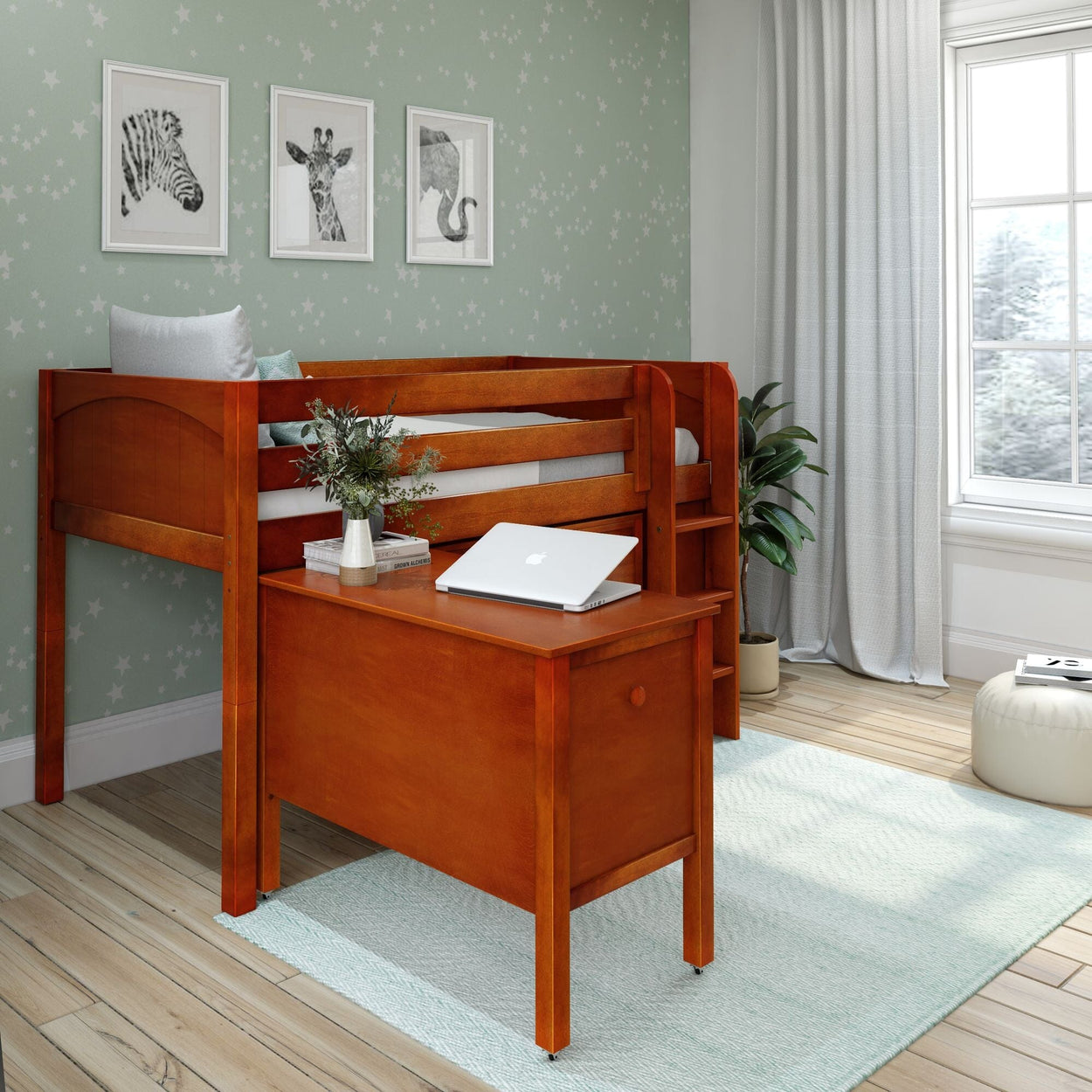 BOX22 CP : Study Loft Beds Twin Low Loft Bed with Straight Ladder, Storage + Desk, Panel, Chestnut