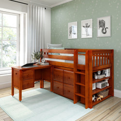 BOX22 CS : Study Loft Beds Twin Low Loft Bed with Straight Ladder, Storage + Desk, Slat, Chestnut