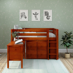 BOX22 CS : Study Loft Beds Twin Low Loft Bed with Straight Ladder, Storage + Desk, Slat, Chestnut