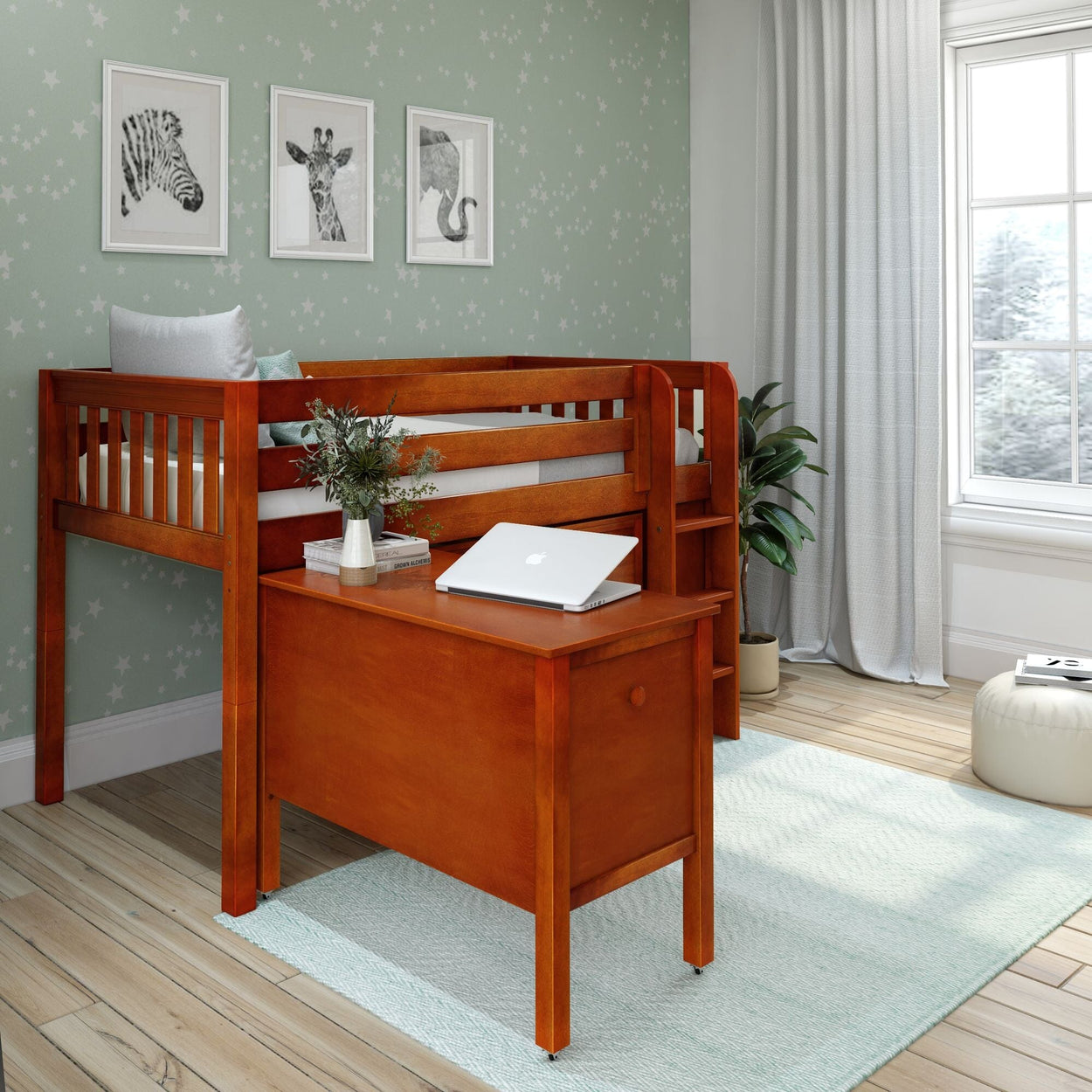 BOX22 CS : Study Loft Beds Twin Low Loft Bed with Straight Ladder, Storage + Desk, Slat, Chestnut