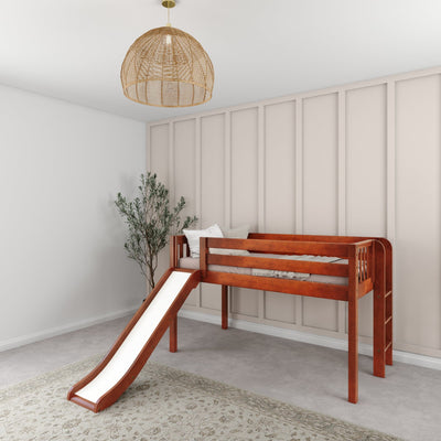 BRAINY CS : Play Loft Beds Twin Low Loft Bed with Slide and Straight Ladder on End, Slat, Chestnut