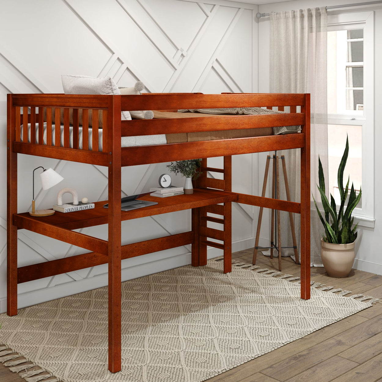 BULKY11 XL CS : Storage & Study Loft Beds Full XL High Loft Bed with Long Desk, Slat, Chestnut