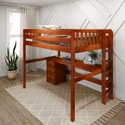 BULKY12 XL CS : Study Loft Beds Full XL High Loft Bed with Long Desk & Narrow 3-Drawer Dresser, Slat, Chestnut