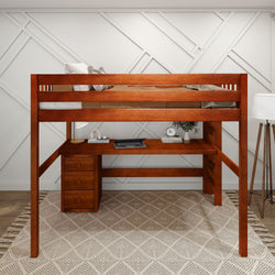 BULKY12 XL CS : Study Loft Beds Full XL High Loft Bed with Long Desk & Narrow 3-Drawer Dresser, Slat, Chestnut