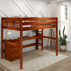 BULKY12 XL CS : Study Loft Beds Full XL High Loft Bed with Long Desk & Narrow 3-Drawer Dresser, Slat, Chestnut