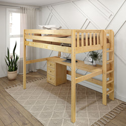 BULKY12 XL NS : Study Loft Beds Full XL High Loft Bed with Long Desk & Narrow 3-Drawer Dresser, Slat, Natural