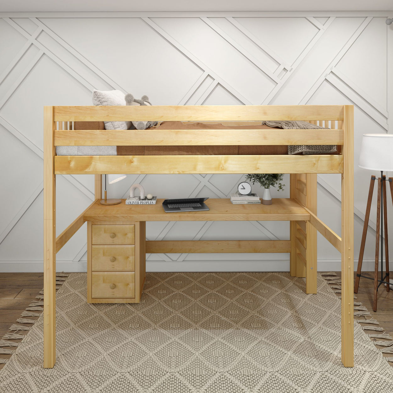 BULKY12 XL NS : Study Loft Beds Full XL High Loft Bed with Long Desk & Narrow 3-Drawer Dresser, Slat, Natural