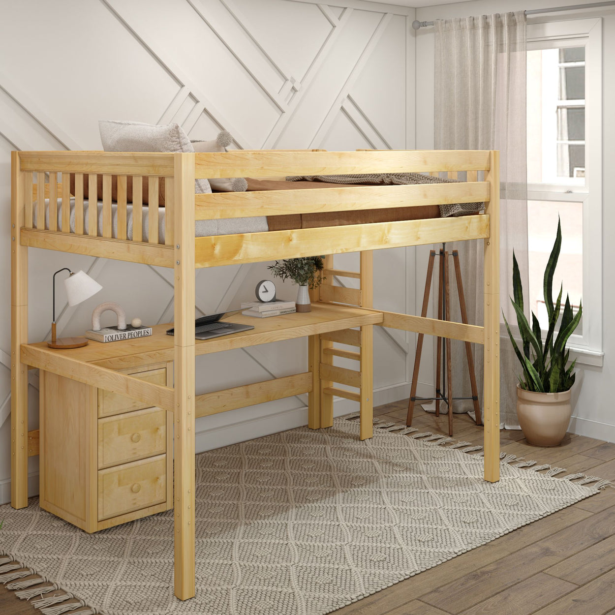 BULKY12 XL NS : Storage & Study Loft Beds Full XL High Loft Bed with Long Desk & Narrow 3-Drawer Dresser, Slat, Natural