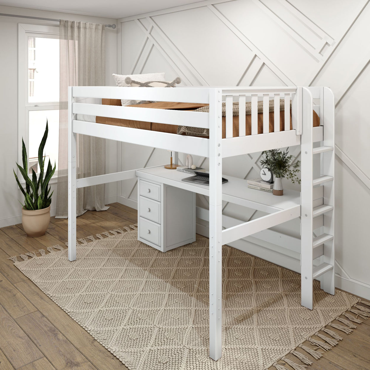 BULKY12 XL WP : Study Loft Beds Full XL High Loft Bed with Long Desk & Narrow 3-Drawer Dresser, Panel, White